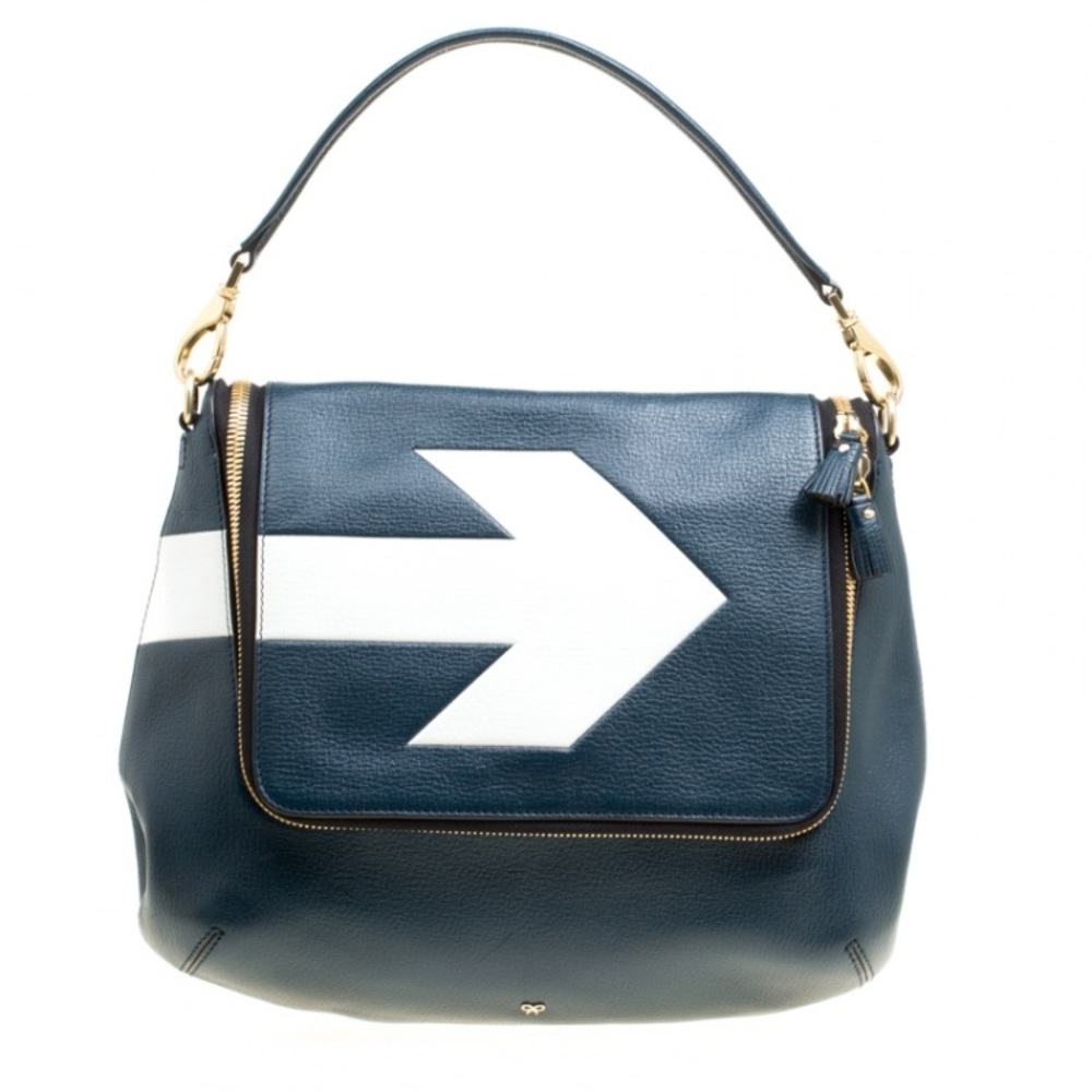 Rare Anya Hindmarch Blue Leather Vere Maxi Zip Arrow Shoulder & Crossbody Bag